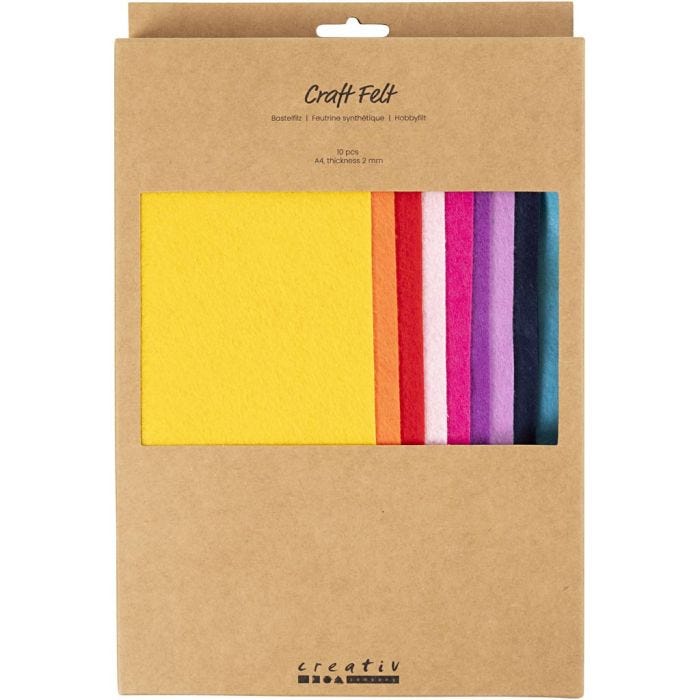 Feltro artigianale, A4, foglio 210x297 mm, spess. 2 mm, colourful, 10 pz/ 1 conf.