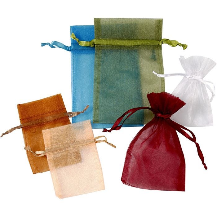 Sacchettini in organza, misura 7x10+10x15 cm, colori asst., 30 pz/ 1 conf.