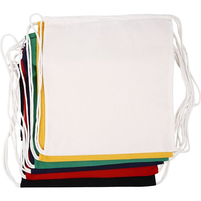 Sacca con chiusura a cordoncino, misura 37x41 cm, 135 g, colori asst., 6 pz/ 1 conf.