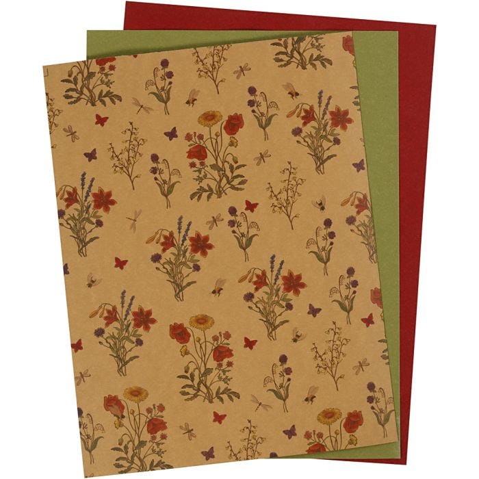 Carta in finta pelle, foglio 21x27,5+21x28,5+21x29,5 cm, spess. 0,55 mm, tinta unita,stampa, natural, verde, rosso, 3 fgl./ 1 conf.