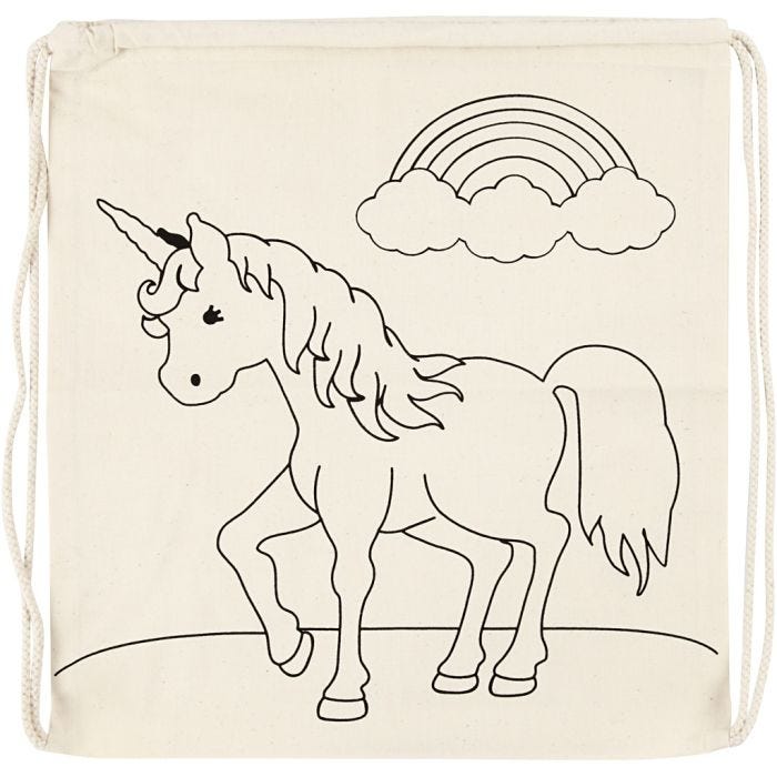 Borsa con chiusura a cordoncino, unicorni, misura 37x41 cm, 110 g, natural chiaro, 1 pz