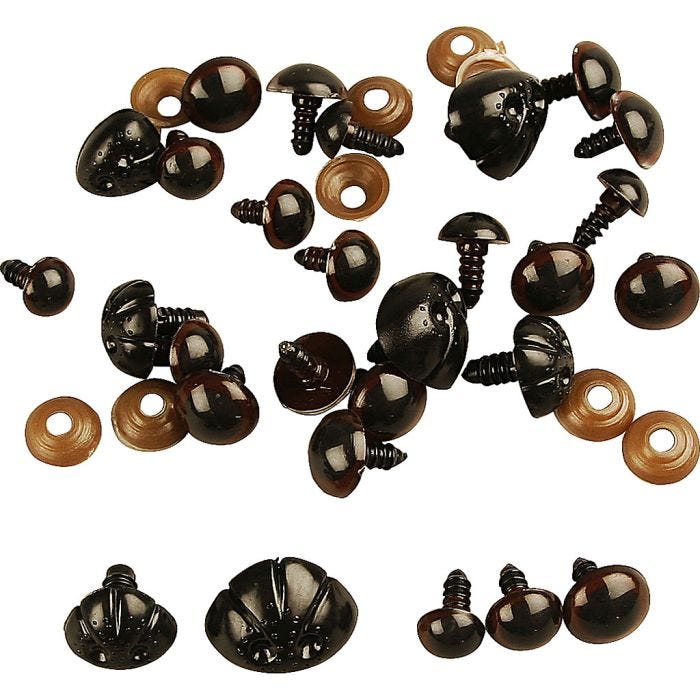 Occhi e nasi da orsacchiotto, diam 10+12,5+15 mm, misura 15+25 mm, 12 asst./ 1 conf.