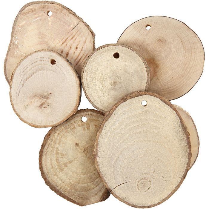 Fette di legno con foro, diam 40-70 mm, misura buco 4 mm, spess. 5 mm, 25 pz/ 1 conf.