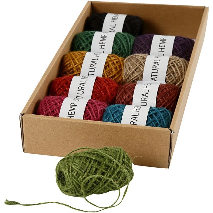 Nastro di canapa naturale, spess. 1-2 mm, colori asst., 10x30 m/ 1 conf.