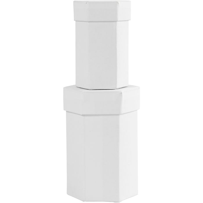 Scatole esagonali, H: 7+9 cm, misura 4,5+6 cm, bianco, 2 pz/ 1 set