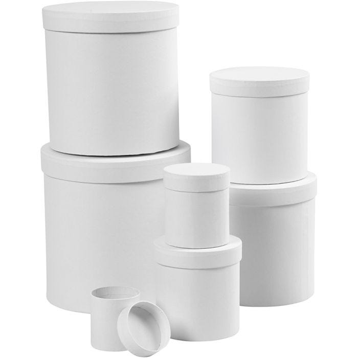 Scatole rotonde, rotonde, H: 7,5+10,2 +12,7+15,2 +17,7+20,2 +22,7 cm, diam 7+9 +12+14,5 +17+19,5 +22 cm, bianco, 7 pz/ 1 set