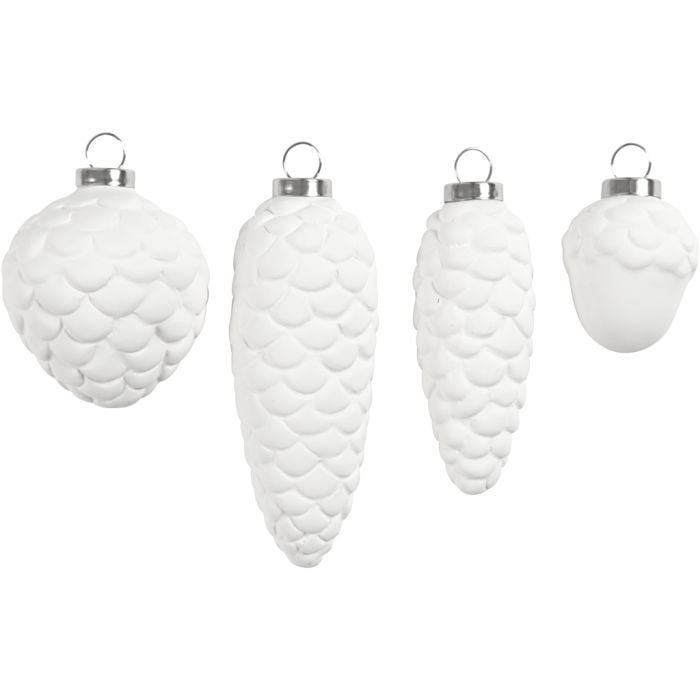 Ornamenti pendenti, H: 3,5+5+6,6+8,5 cm, diam 2,5+3+4,5 cm, bianco, 4 pz/ 1 conf.