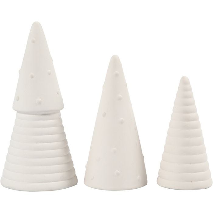 Alberi di Natale pendenti, H: 10+12+15 cm, diam 5+6+7 cm, bianco, 3 pz/ 1 conf.