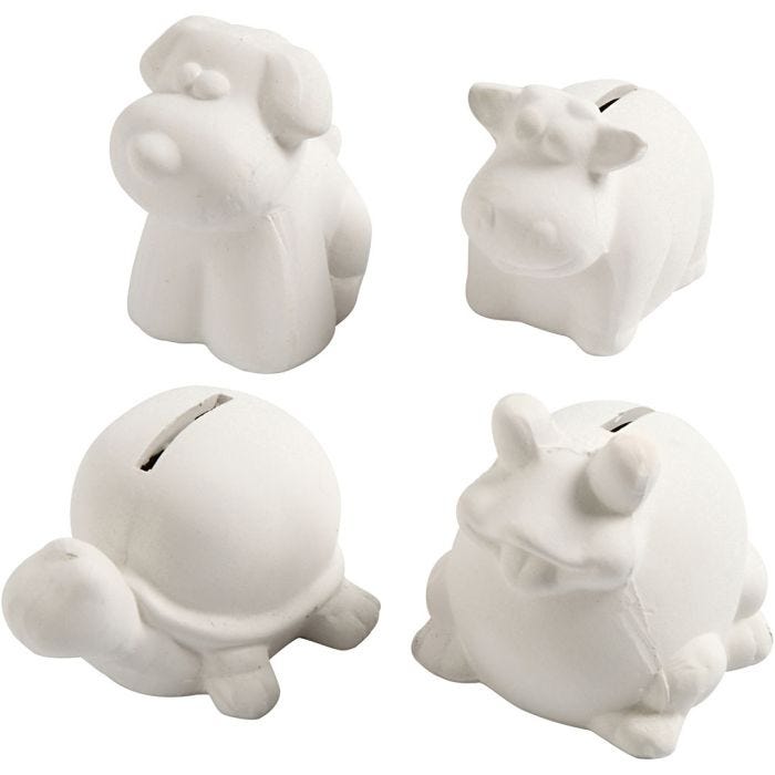 Animali salvadanaio, H: 7-10 cm, bianco, 4 pz/ 1 conf.