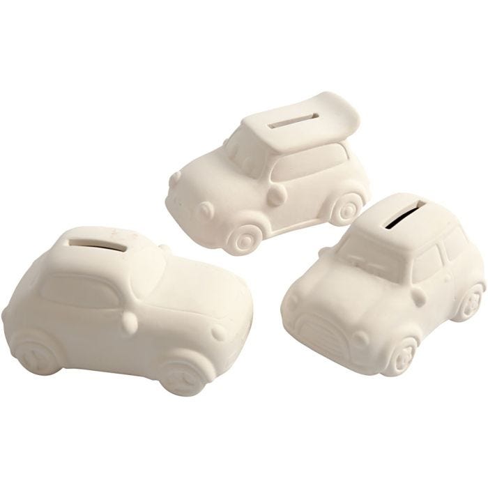 Automobile salvadanaio, H: 5,5 cm, L: 12,5 cm, L: 7,8 cm, bianco, 12 pz/ 1 conf.