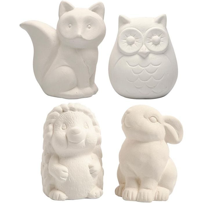 Animali salvadanaio, gufo,volpe, riccio, lepre, H: 9-10 cm, bianco, 4 pz/ 1 conf.
