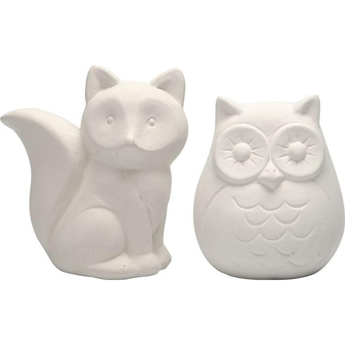 Animali salvadanaio, gufo e volpe, H: 9 cm, bianco, 2 pz/ 1 conf.