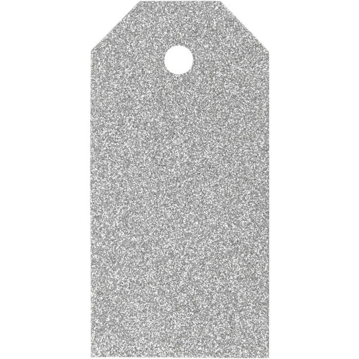 Etichette regalo, misura 5x10 cm, glitter, 300 g, argento, 15 pz/ 1 conf.
