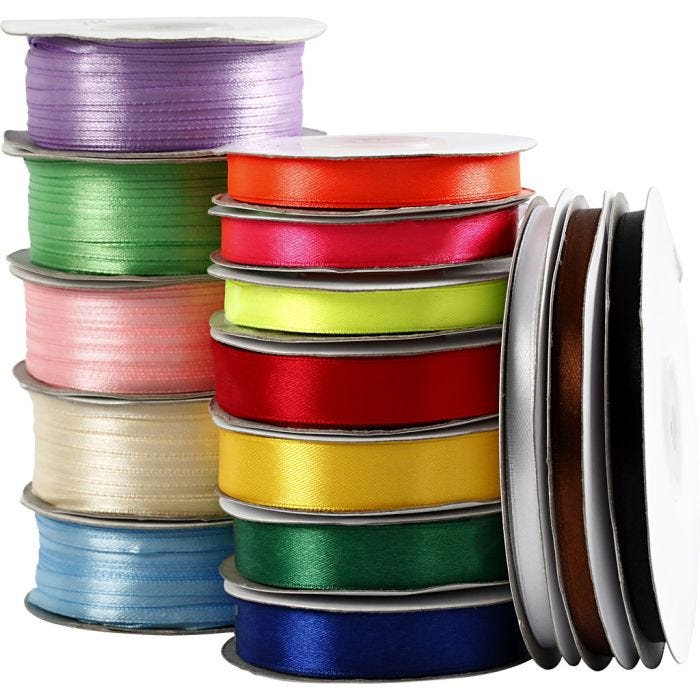 Nastro di raso, L: 3-19 mm, colori asst., 15 rot./ 1 conf.