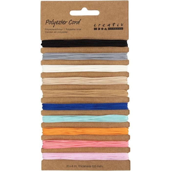 Cordoncino in poliestere, spess. 0,6 mm, colori asst., 10x4 m/ 1 conf.