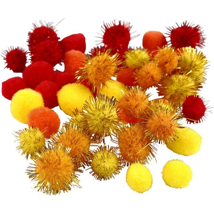 Pompon, diam 15+20 mm, arancio, rosso, giallo, 48 asst./ 1 conf.