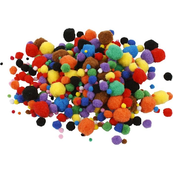 Pompon, diam 5-40 mm, colori asst., 42 g/ 1 conf.
