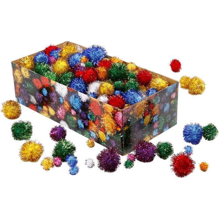 Pom-pom glitter, diam 15-40 mm, glitter, colori forti, 400 g/ 1 conf.