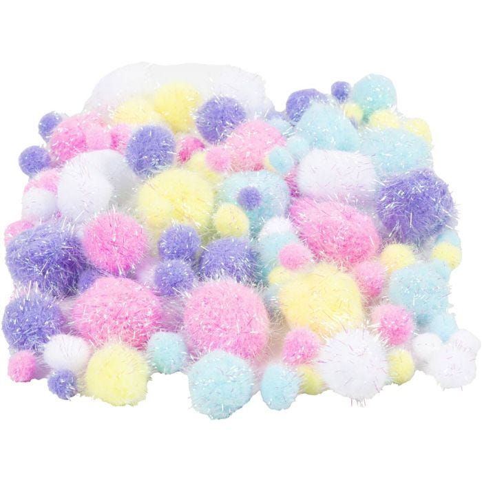 Pom pom, diam 15-40 mm, glitter, colori pastello, 62 g/ 1 conf.