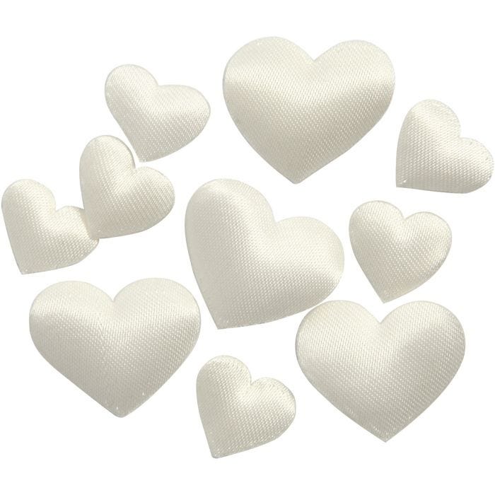 Cuori di raso, misura 10+20 mm, spess. 1-2 mm, avorio, 70 pz/ 1 conf.
