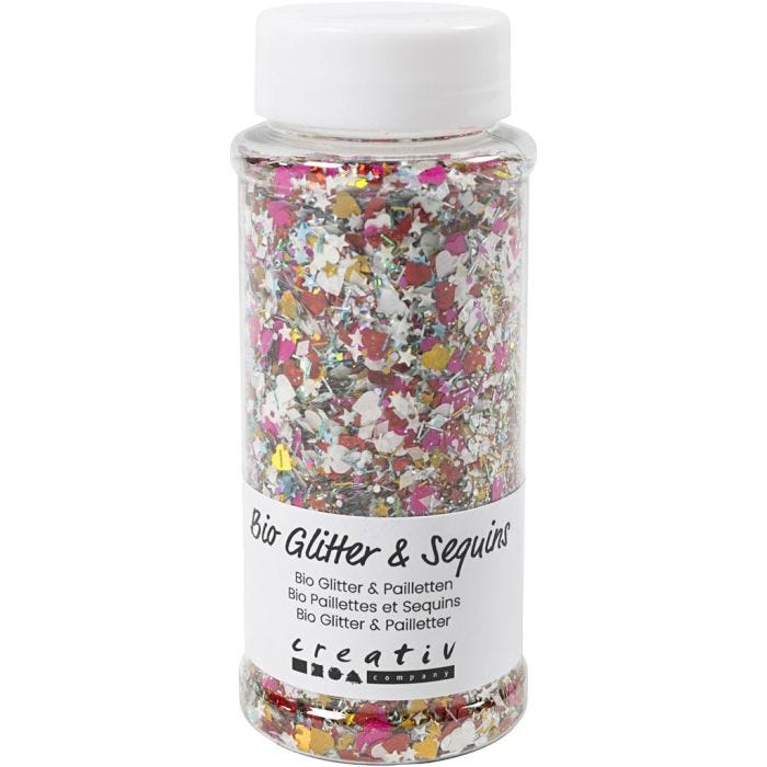 Glitter e paillettes biodegradabili, colori asst., 140 ml/ 1 vasch.