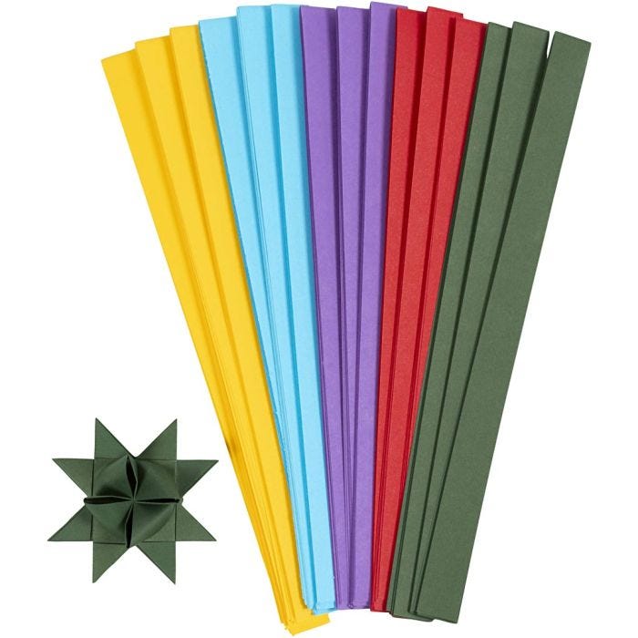 Scrisce di carta per stelle Froebel, L: 45 cm, L: 15 mm, diam 6,5 cm, colori asst., 500 pz/ 1 conf.