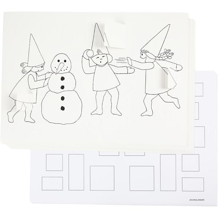Calendario dell'avvento con elfi che combattono a palle di neve, A3, misura 30x42 cm, bianco, 30 pz/ 1 conf.