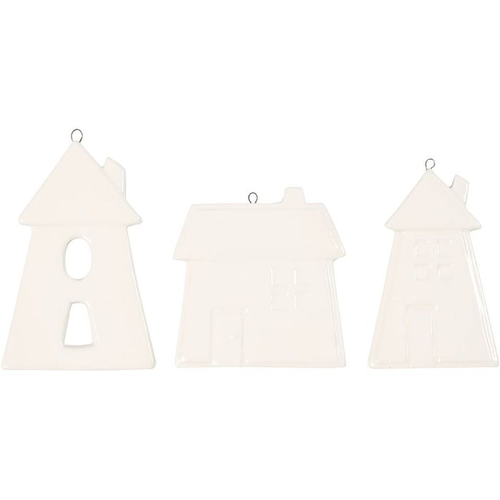Ornamenti pendenti, casette, H: 7,6-9,7 cm, bianco, 18 pz/ 1 conf.