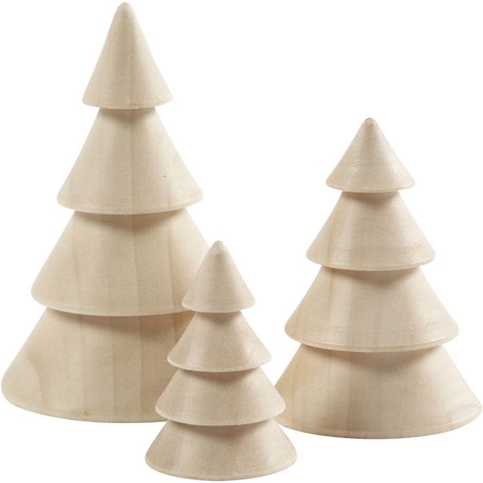 Albero di Natale in legno, H: 5+7,5+10 cm, diam 3,5+5,4+6,7 cm, 3 pz/ 1 conf.