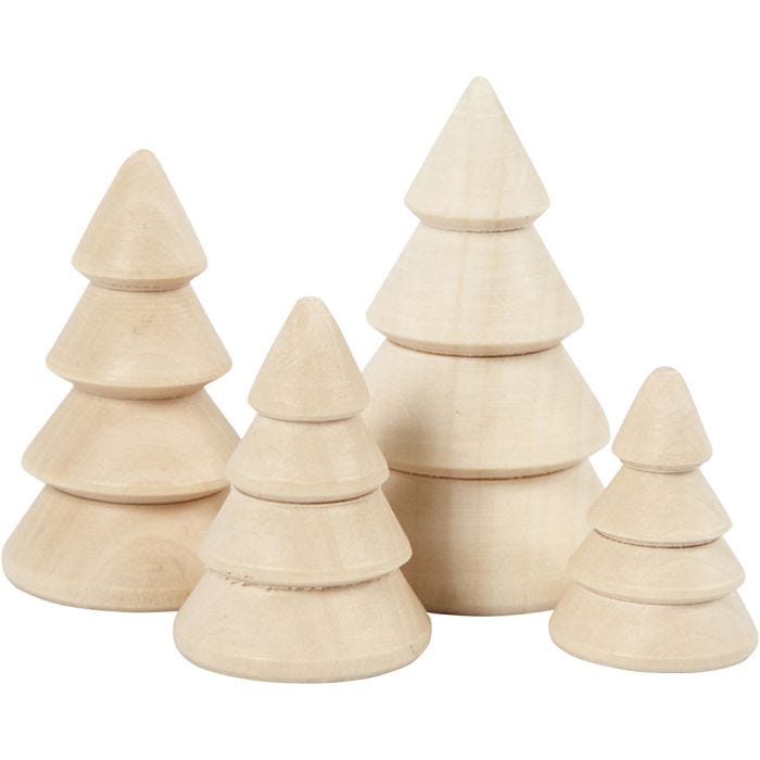 Albero di Natale in legno, H: 3,3+4,3+5,3+6,3 cm, diam 2,3+3+3,2+4 cm, 4 pz/ 1 conf.
