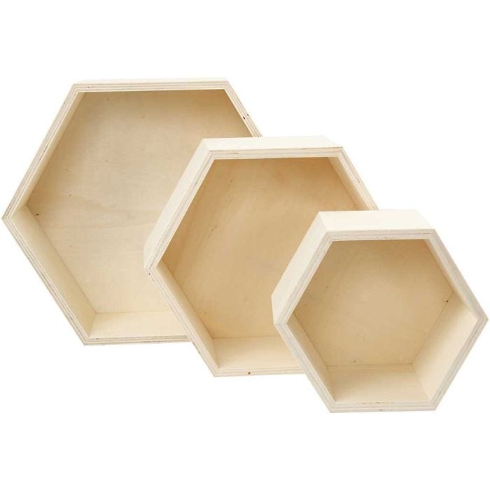 Scatole portaoggetti, esagoni, H: 14,8+19+24,2 cm, P: 10 cm, 3 pz/ 1 set
