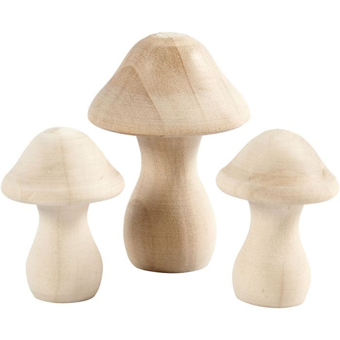 Funghi in legno, diam 3,3+4,5 cm, misura 4,5+6,5 cm, 3 pz/ 1 conf.
