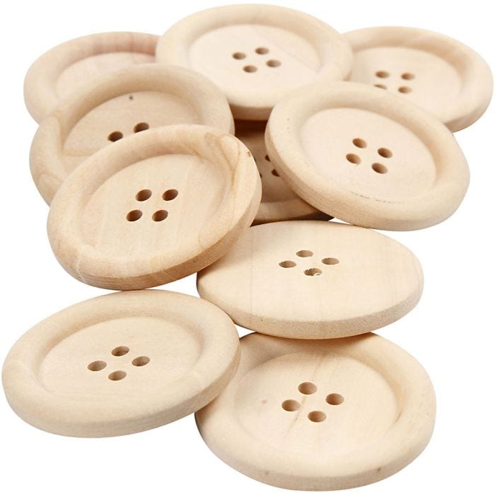 Bottoni in legno, diam 35 mm, misura buco 2 mm, 4 buchi, 10 pz/ 1 conf.