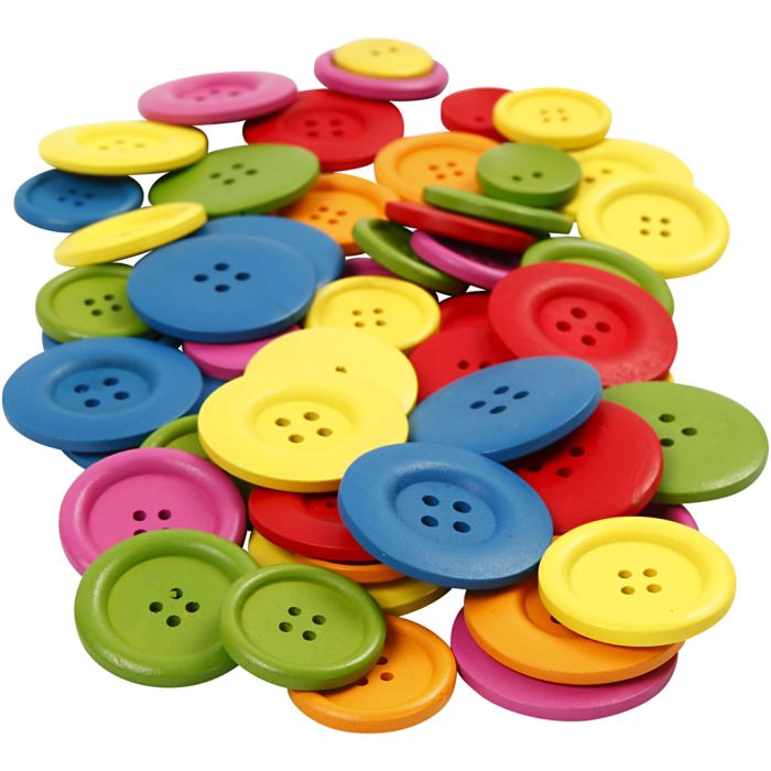 Bottoni in legno, diam 25-40 mm, 2-4 buchi, colori asst., 144 pz/ 1 conf.