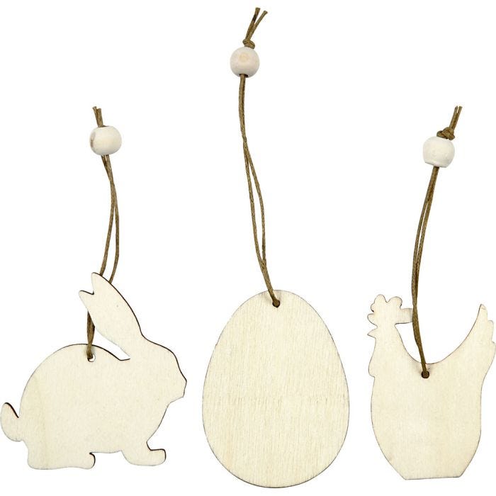 Decorazione in legno, coniglio, uovo, gallina, misura 6 cm, spess. 3 mm, 9 pz/ 1 conf.