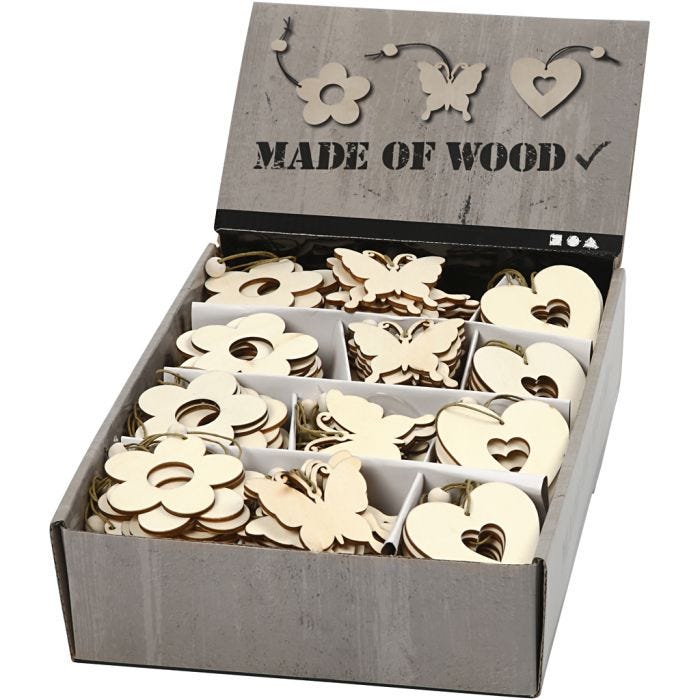 Decorazione in legno, fiore, farfalla, cuore, misura 6 cm, spess. 3 mm, 200 pz/ 1 conf.