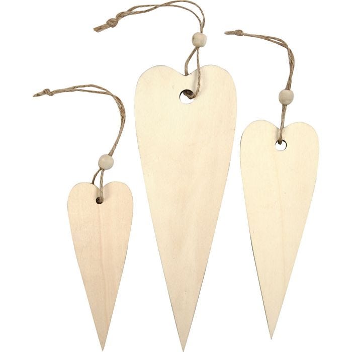 Decorazioni in legno, cuore lungo, H: 12+16+20 cm, spess. 5 mm, 3 pz/ 1 conf.