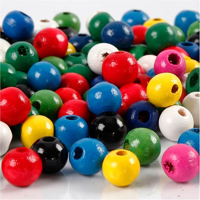 Mix perline di legno, diam 8 mm, misura buco 2 mm, colori asst., 15 g/ 1 conf.