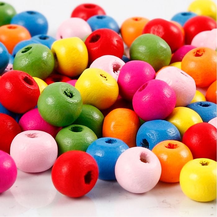 Perline in legno, diam 8 mm, misura buco 1,5-2 mm, colori asst., 500 g/ 1 sacco