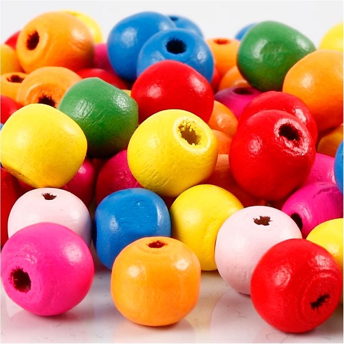 Perline in legno, diam 10 mm, misura buco 2,5-3 mm, colori asst., 22 g/ 1 conf.