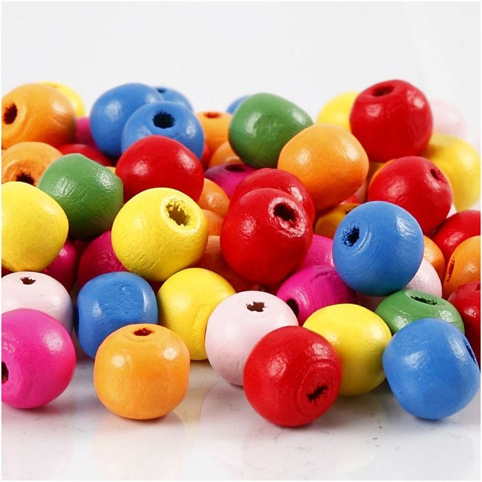 Perline in legno, diam 10 mm, misura buco 2,5-3 mm, colori asst., 500 g/ 1 sacco