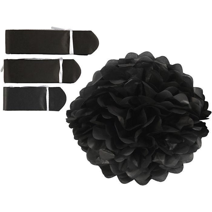 Pom-poms in carta velina, diam 20+24+30 cm, 16 g, nero, 3 pz/ 1 conf.