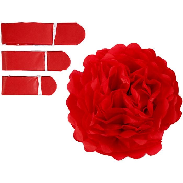 Pom-poms in carta velina, diam 20+24+30 cm, 16 g, rosso, 3 pz/ 1 conf.
