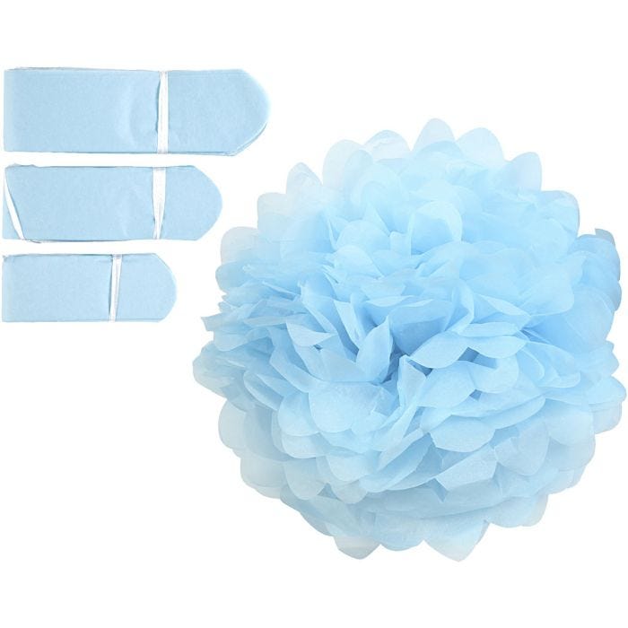 Pom-poms in carta velina, diam 20+24+30 cm, 16 g, azzurro, 3 pz/ 1 conf.