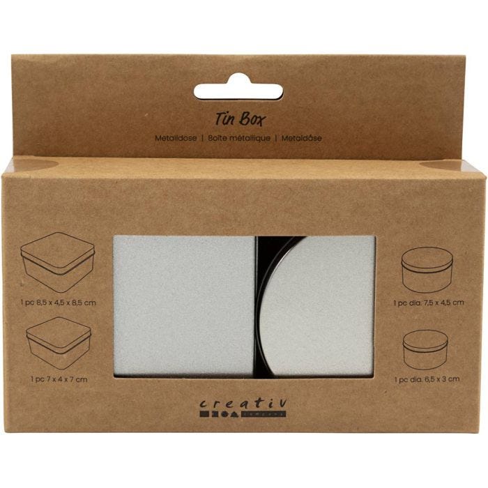 Scatola di metallo, Rotondo e quadrato, H: 3-4,5 cm, diam 6,5+7,5 cm, misura 7x7+8,5x8,5 cm, grigio metallo, 4 pz/ 1 conf.