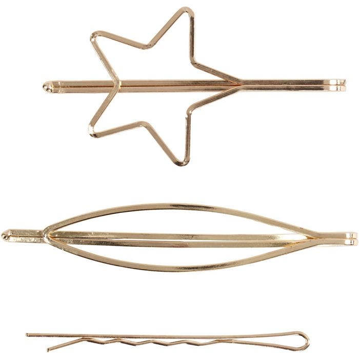 Molletta per capelli, L: 70 mm, L: 32 mm, placcato oro, 3 pz/ 1 conf.