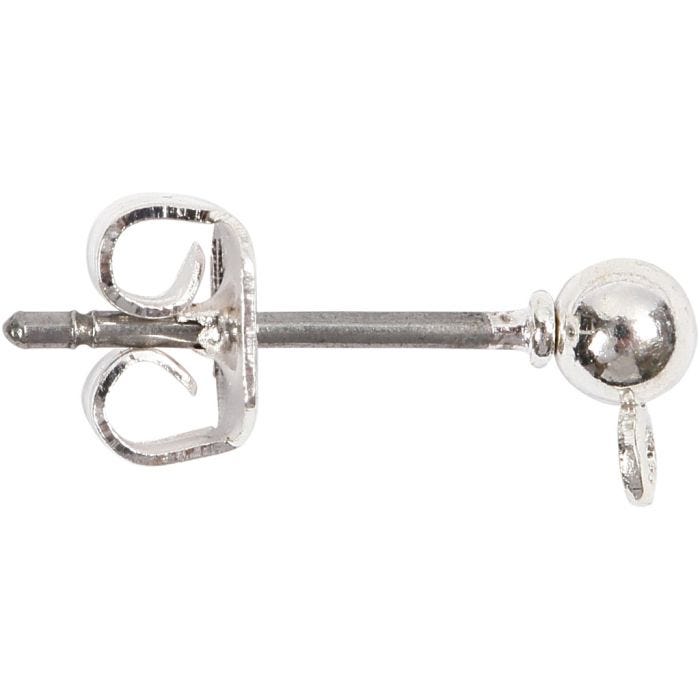 Orecchini a bottone, L: 13 mm, diam 3,8 mm, misura buco 0,8 mm, placcato argento, 10 pz/ 1 conf.
