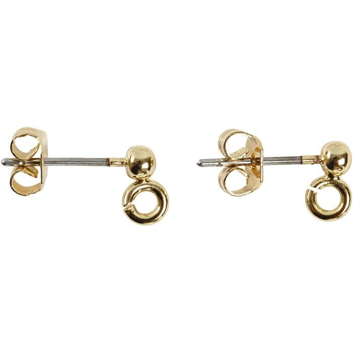 Orecchini a bottone, L: 13 mm, diam 3,8 mm, misura buco 0,8 mm, placcato oro, 10 pz/ 1 conf.