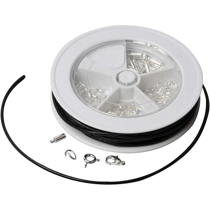 Kit iniziale per gioielli, Cordoncino di cuoio, nero, placcato argento, 1 set