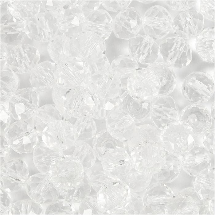 Perline Sfaccettate, misura 5x6 mm, misura buco 1 mm, cristallo, 100 pz/ 1 conf.